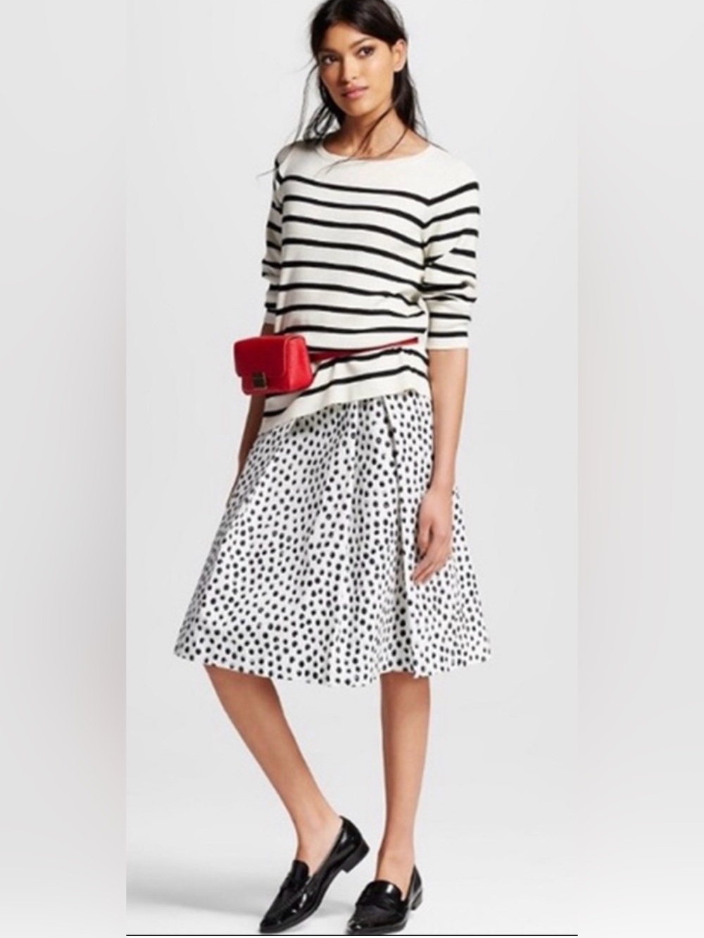 NWOT polka-dot pleated A-line midi skirt white black size 6 who what wear